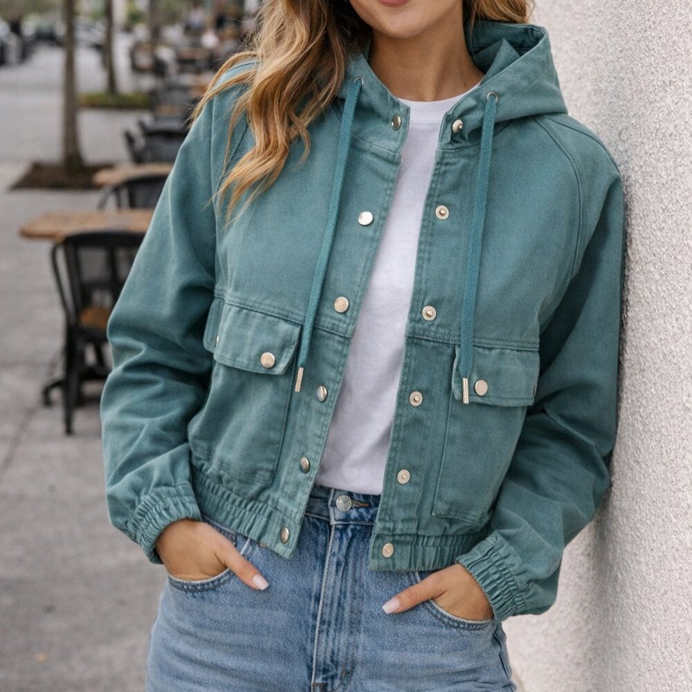 NWOT FOREVER 21 Denim Teal 100% Cotton Hooded Jacket Sz Small Oversized | Snaps